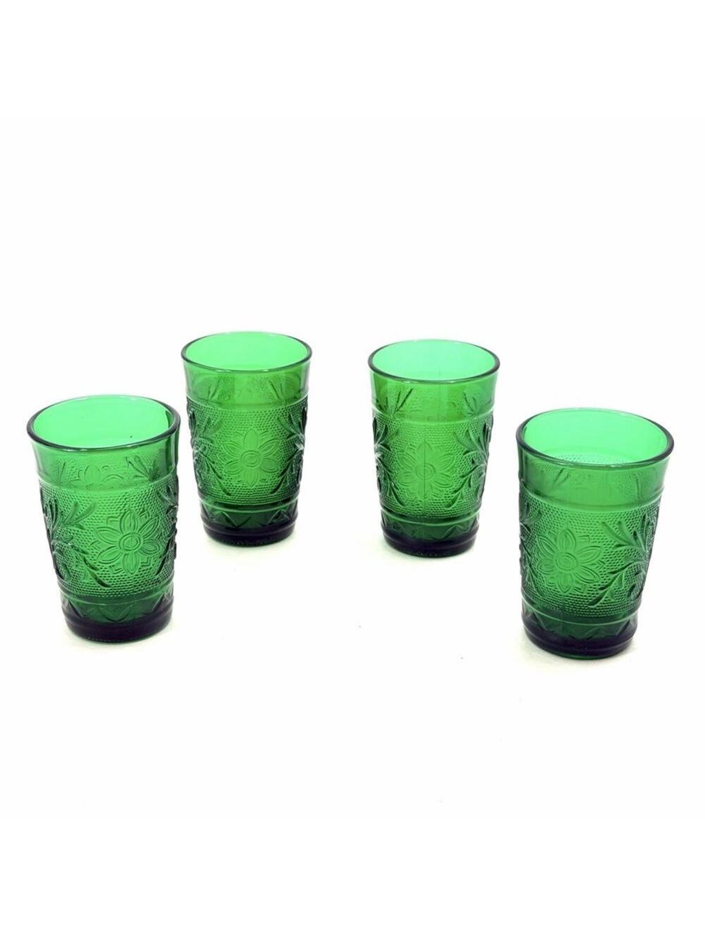 4 Vintage Anchor Hocking Forest Green Juice Glasses Sandwich Glass Floral